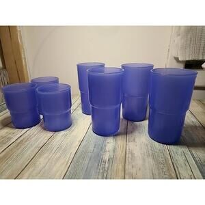 7 Vtg Blue Tupperware Glasses 4 12 Oz Cups And 3 8 oz 2412b-1 And 3090k-2